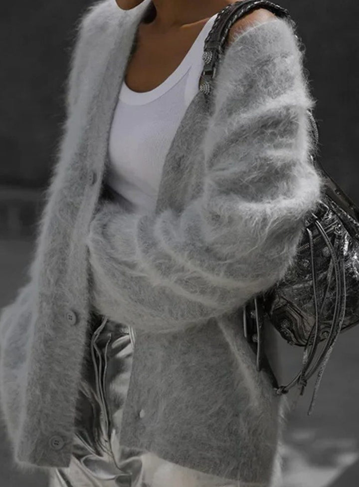 Women's Oversized Knit Cardigan Fluffy Button-Up V-Neck Jumper