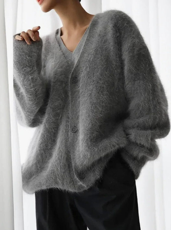 Women's Oversized Knit Cardigan Fluffy Button-Up V-Neck Jumper