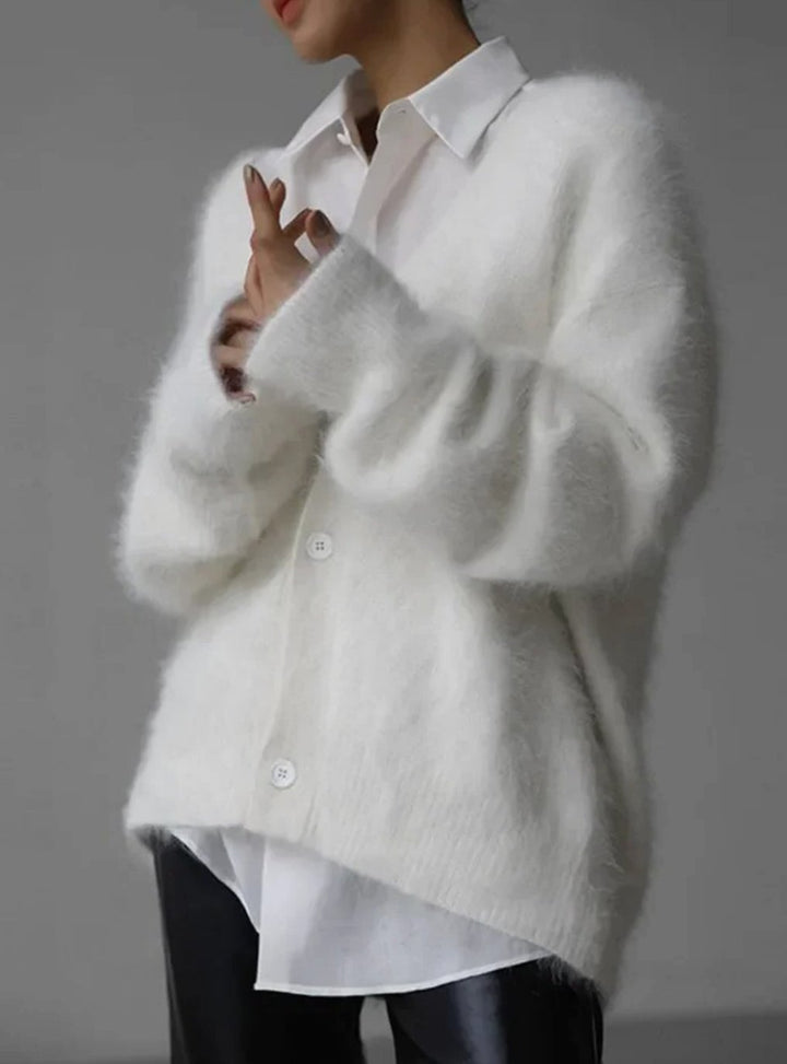 Women's Oversized Knit Cardigan Fluffy Button-Up V-Neck Jumper