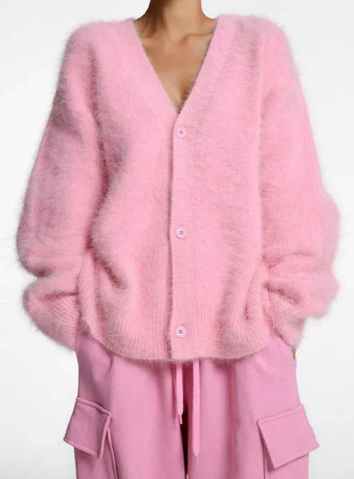 Women's Oversized Knit Cardigan Fluffy Button-Up V-Neck Jumper