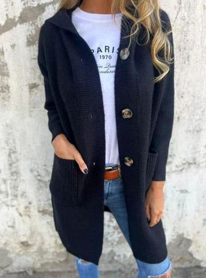 Women's Oversized Knit Cardigan Hooded Button-Front Longline