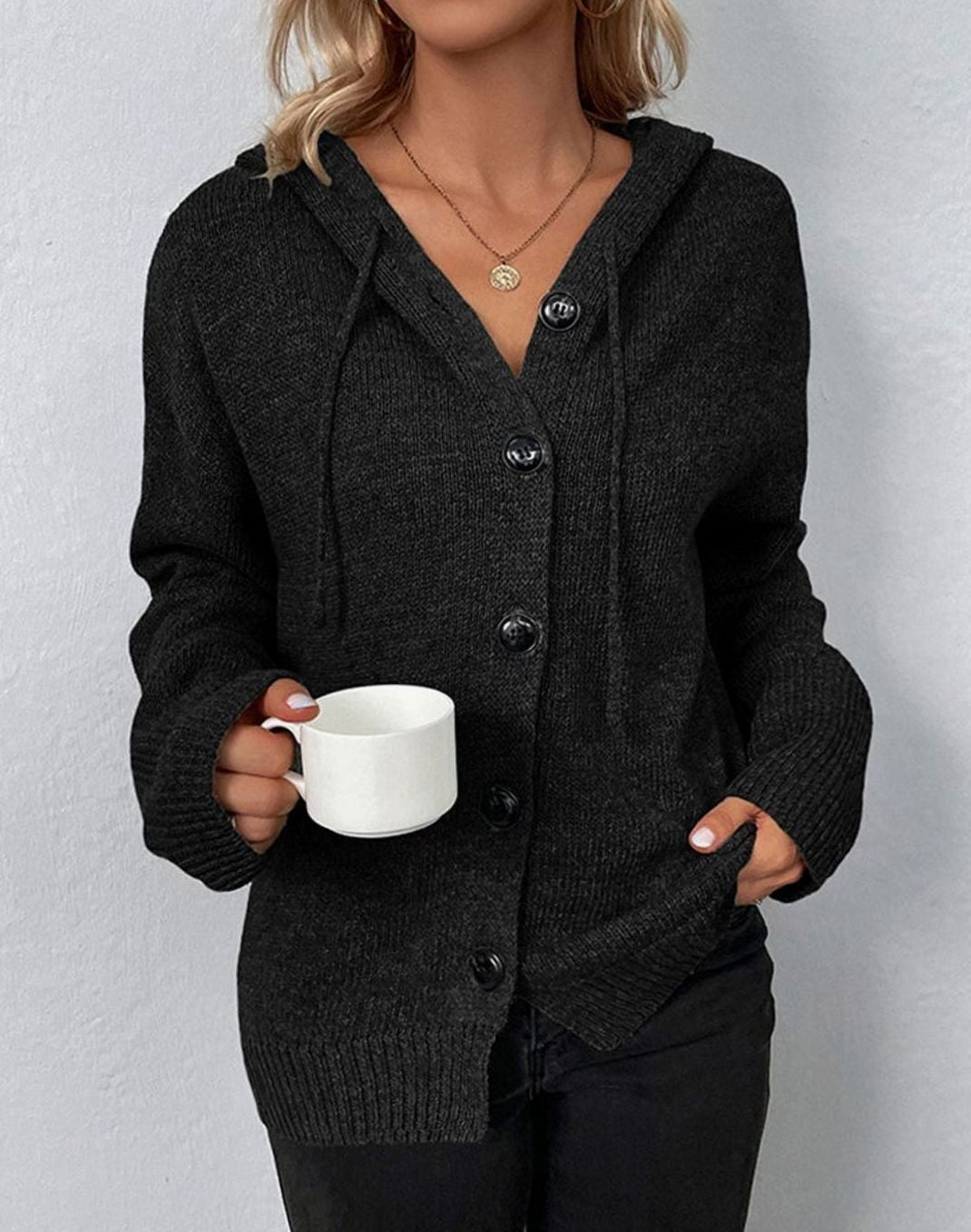 Women's Oversized Knit Cardigan Hooded Button-Up Jumper