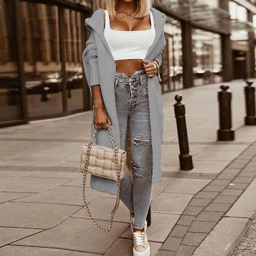 Women's Oversized Knit Cardigan Hooded Letter-Print Longline Coat