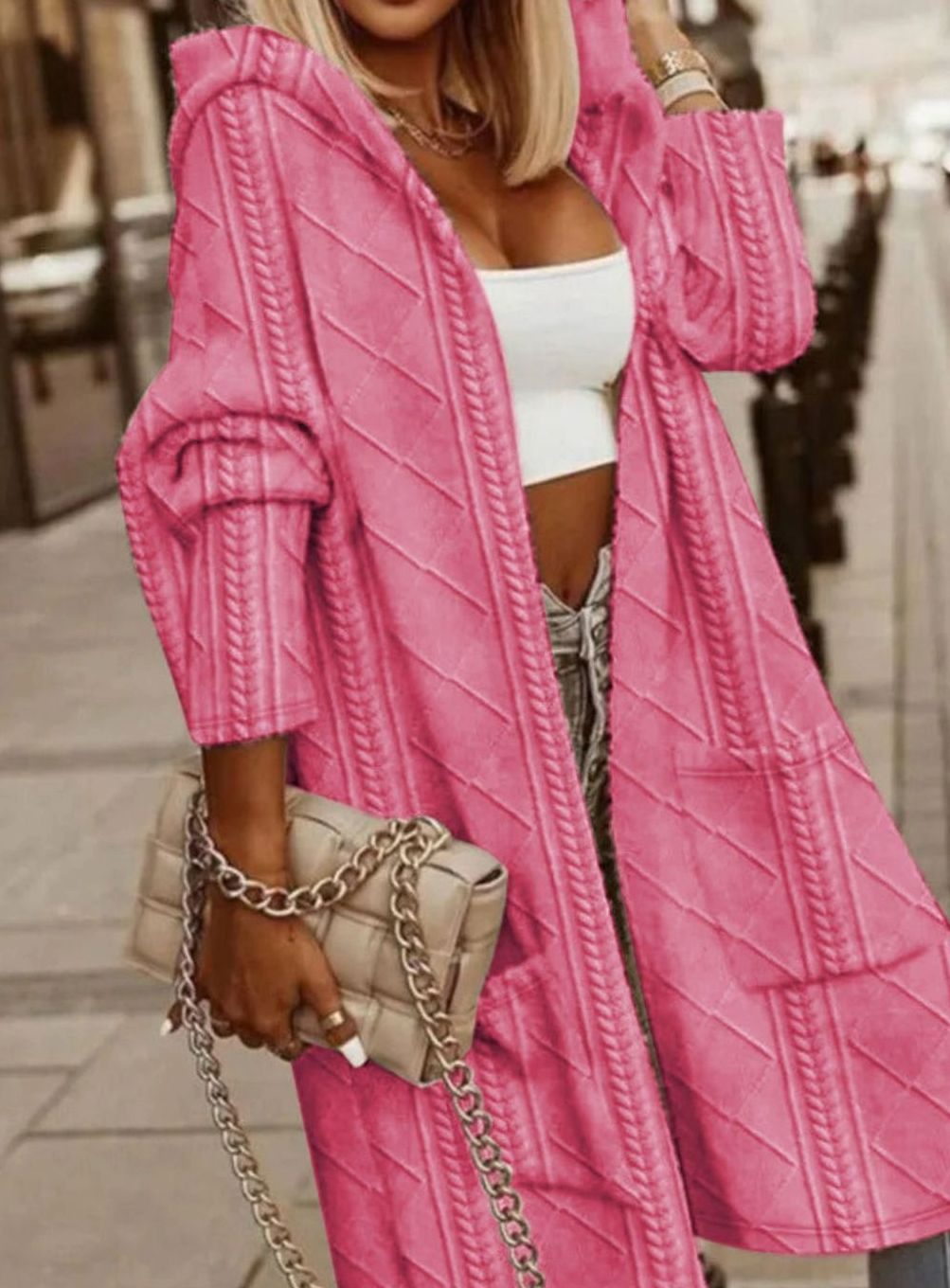 Women's Oversized Knit Cardigan Hooded Long Cable-Knit Coat