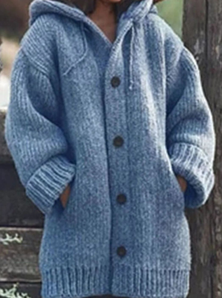 Women's Oversized Knit Cardigan Hooded Long-Line Button-Up