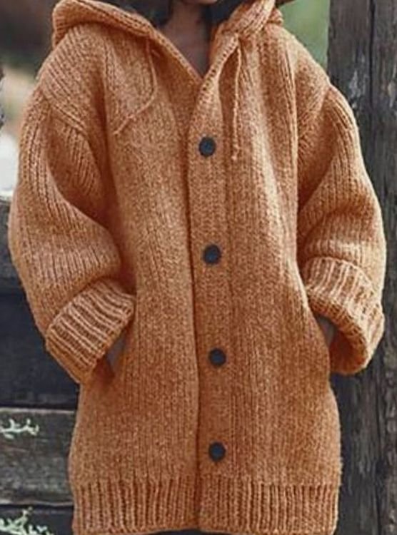 Women's Oversized Knit Cardigan Hooded Long-Line Button-Up
