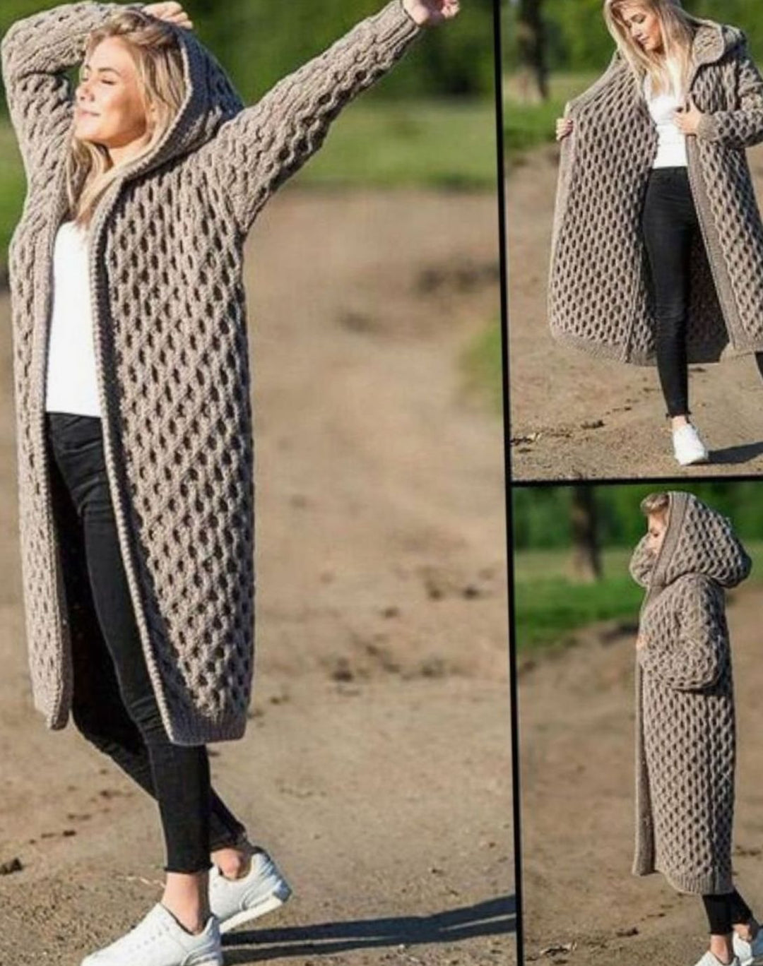 Women's Oversized Knit Cardigan Hooded Long Open-Front Coat