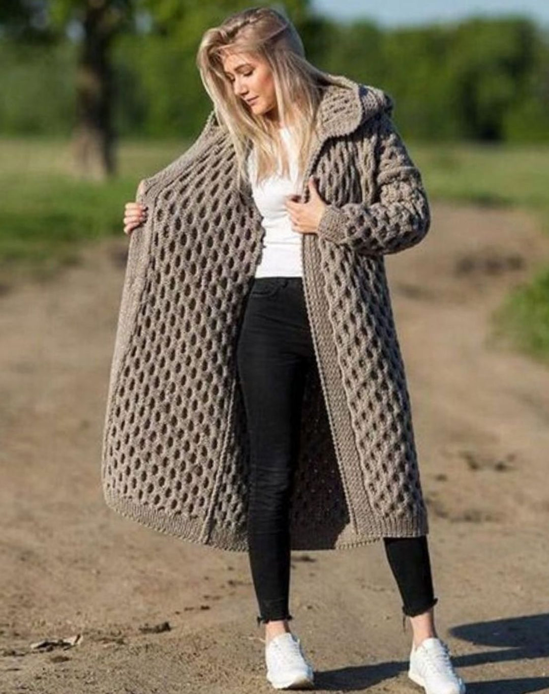 Women's Oversized Knit Cardigan Hooded Long Open-Front Coat