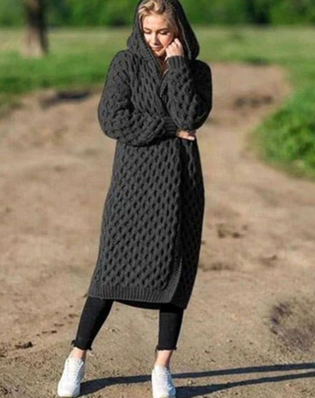 Women's Oversized Knit Cardigan Hooded Long Open-Front Coat