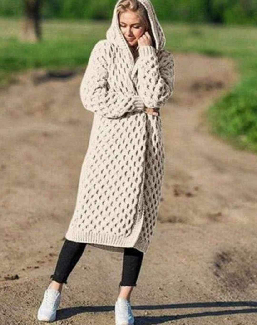 Women's Oversized Knit Cardigan Hooded Long Open-Front Coat
