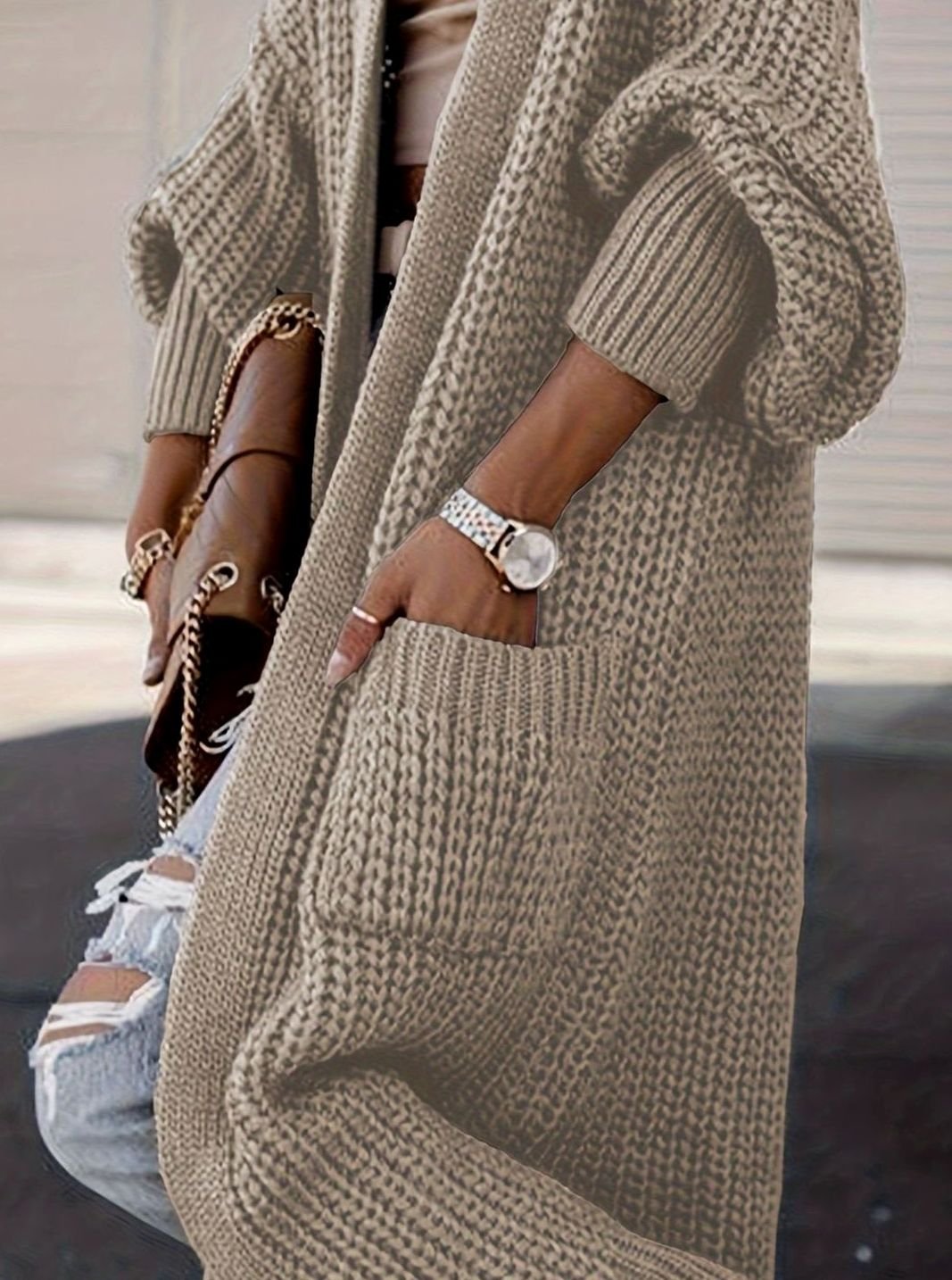 Women's Oversized Knit Cardigan Long Pocket Midi Open Front
