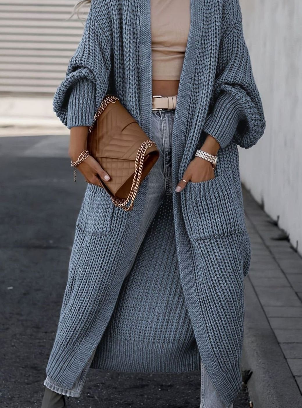 Women's Oversized Knit Cardigan Long Pocket Midi Open Front