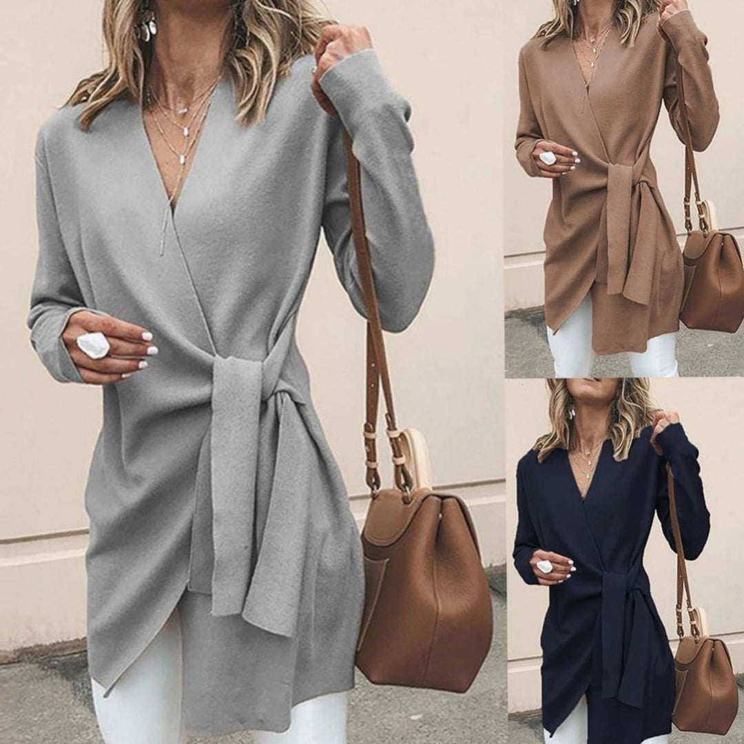 Women's Oversized Knit Cardigan Long-Sleeve Belted Wrap Top