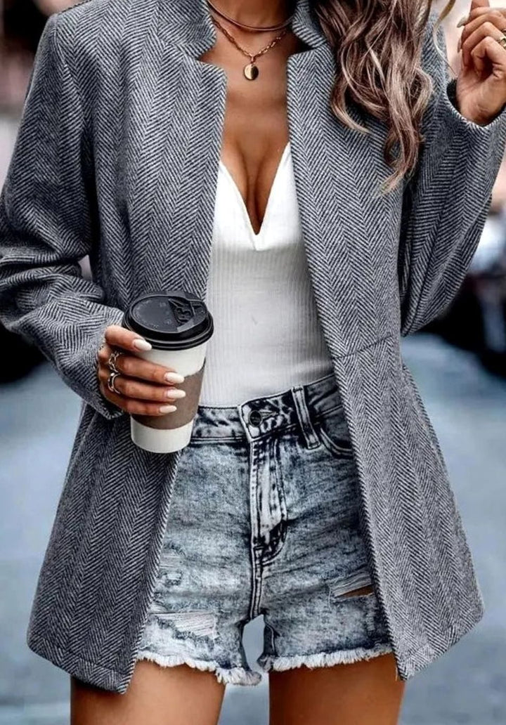 Women's Oversized Knit Cardigan Long-Sleeve Herringbone Blazer Coat