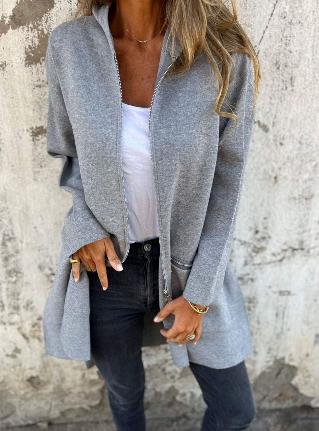 Women's Oversized Knit Cardigan Long Zip-Up Longline Jacket