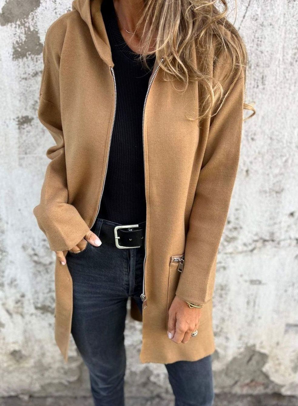 Women's Oversized Knit Cardigan Long Zip-Up Longline Jacket