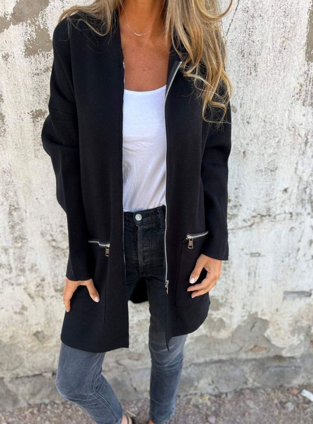 Women's Oversized Knit Cardigan Long Zip-Up Longline Jacket