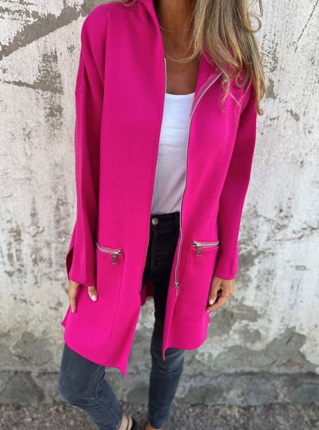 Women's Oversized Knit Cardigan Long Zip-Up Longline Jacket