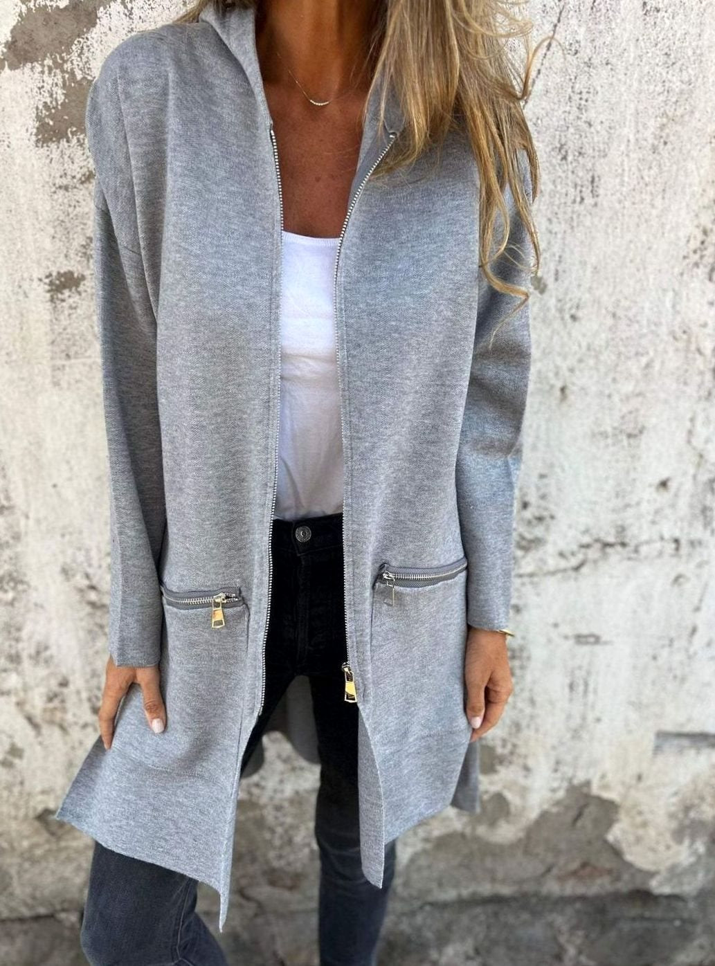 Women's Oversized Knit Cardigan Long Zip-Up Longline Jacket
