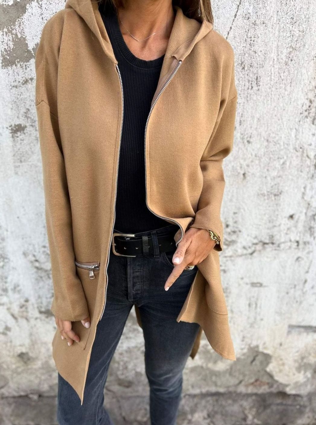 Women's Oversized Knit Cardigan Long Zip-Up Longline Jacket