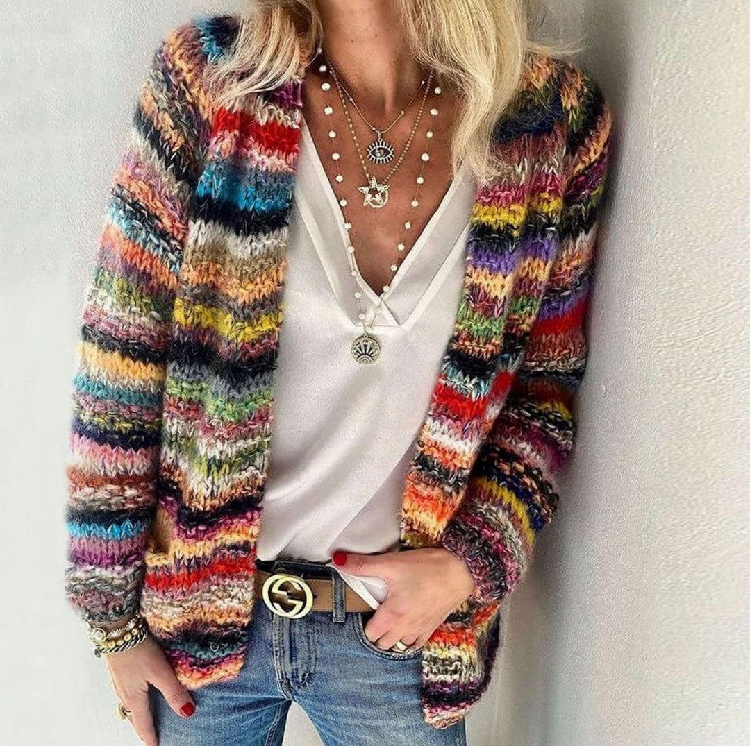 Women's Oversized Knit Cardigan Multicolour Striped Open Front