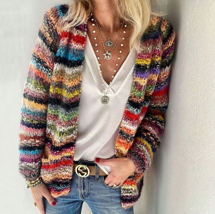 Women's Oversized Knit Cardigan Multicolour Striped Open Front