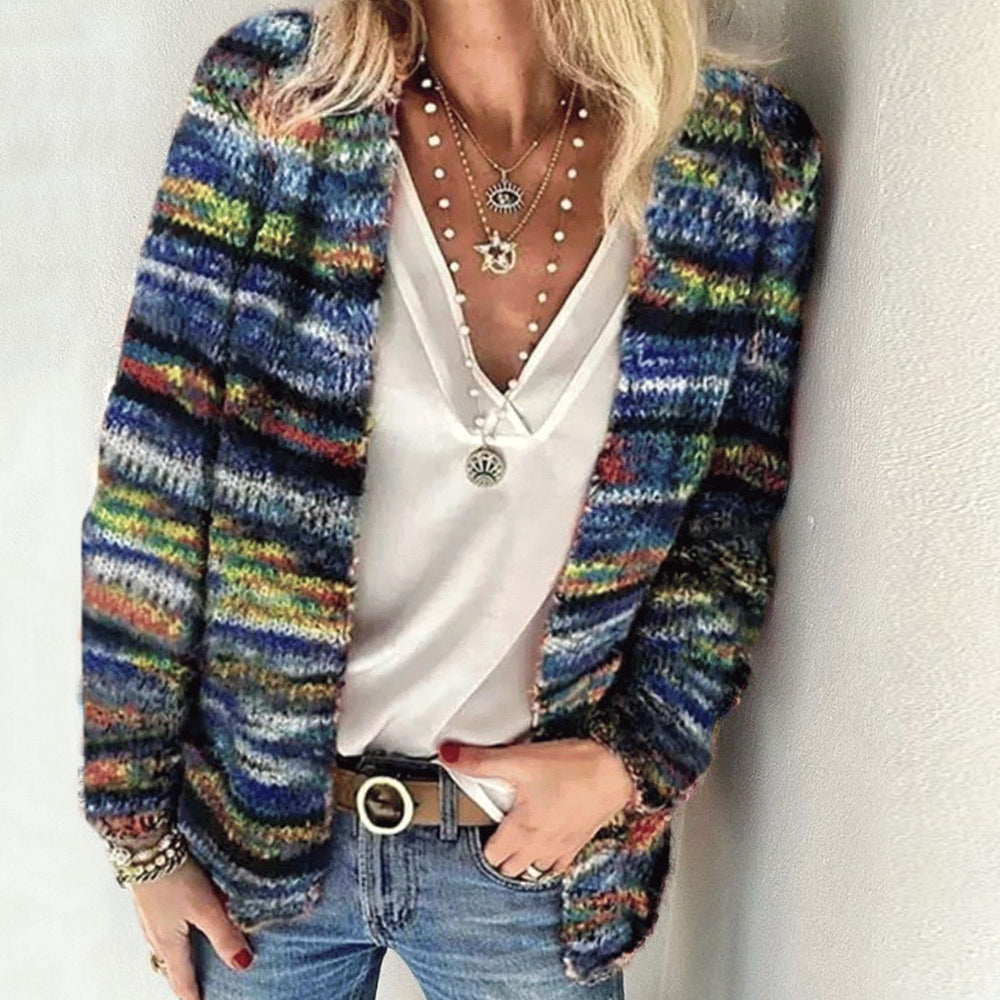 Women's Oversized Knit Cardigan Multicolour Striped Open Front