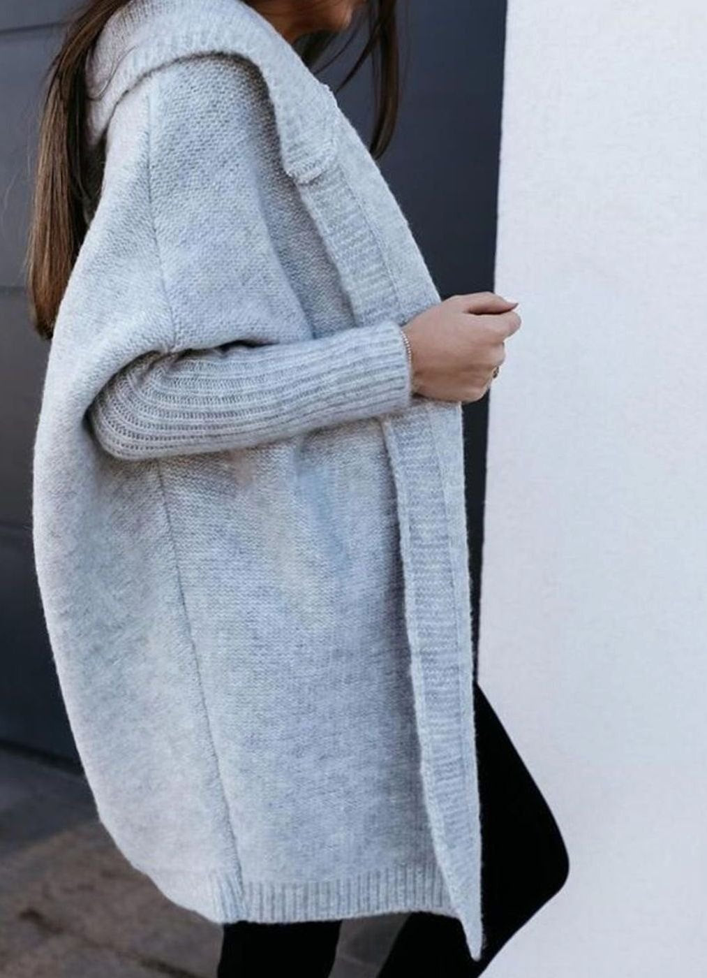 Women's Oversized Knit Cardigan Open Front Lapel Batwing Sleeve