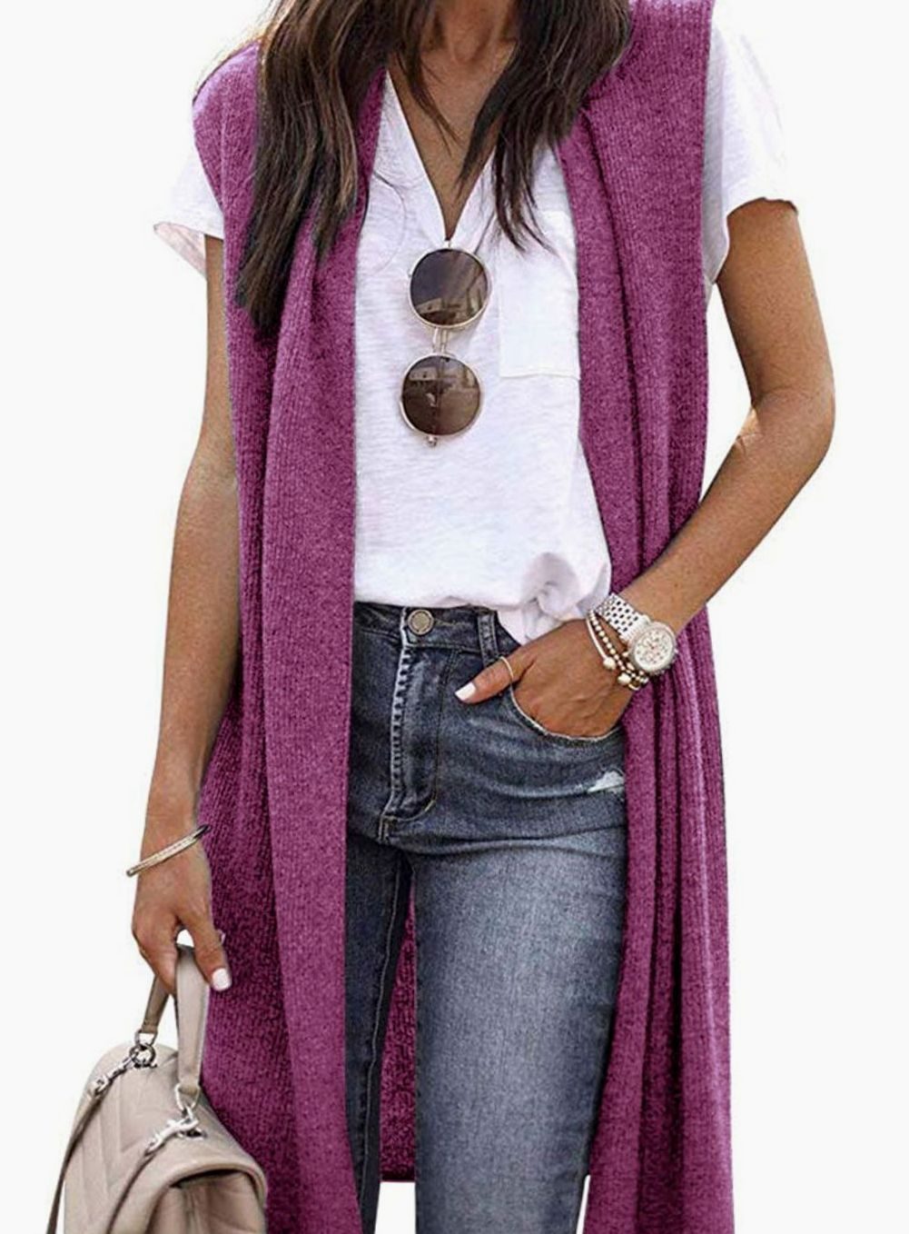 Women's Oversized Knit Cardigan Open Front Longline Sleeveless Vest