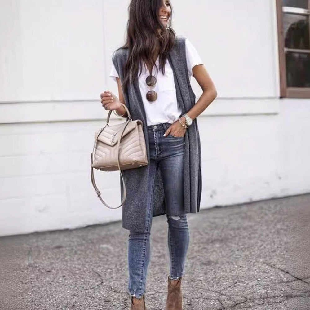 Women's Oversized Knit Cardigan Open Front Longline Sleeveless Vest