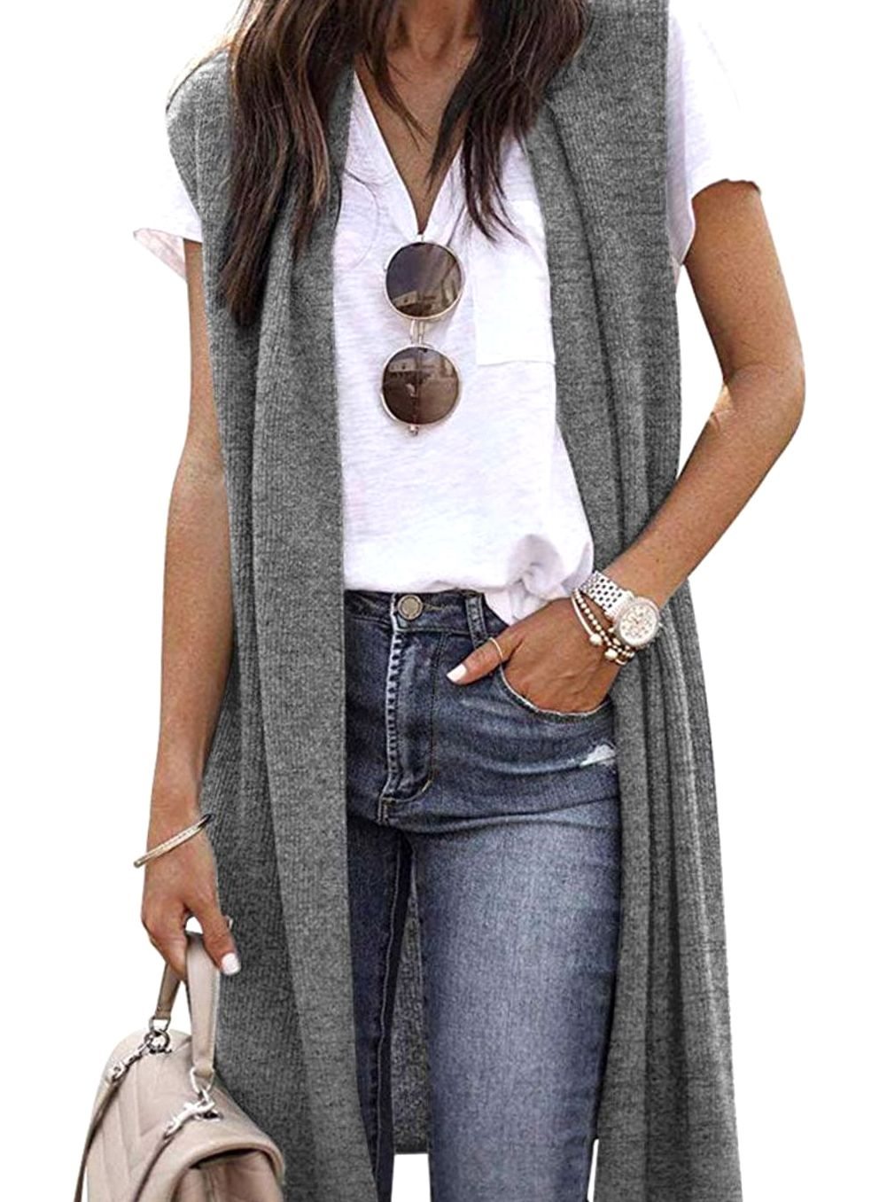 Women's Oversized Knit Cardigan Open Front Longline Sleeveless Vest