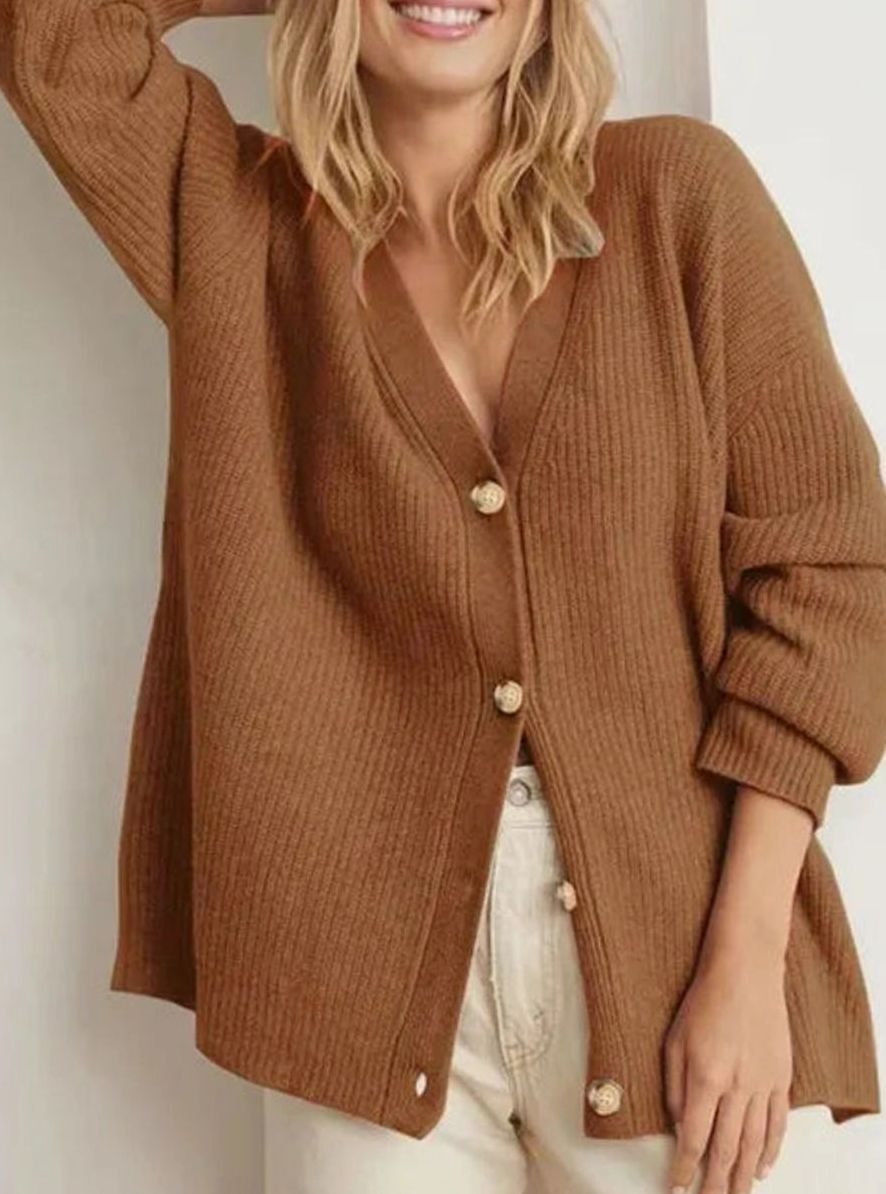 Women's Oversized Knit Cardigan Relaxed V-Neck Button-Up