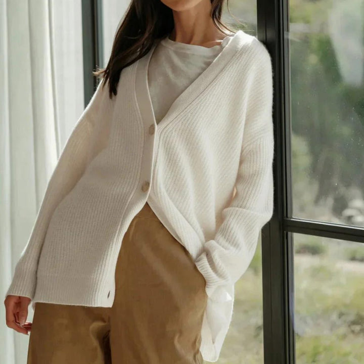 Women's Oversized Knit Cardigan Ribbed V-Neck Button-Up