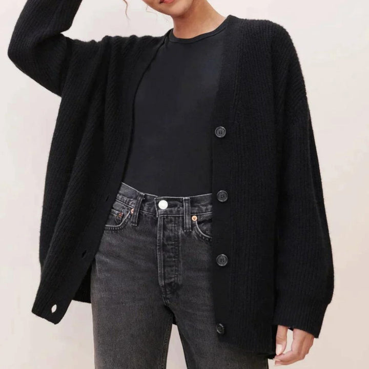 Women's Oversized Knit Cardigan Ribbed V-Neck Button-Up