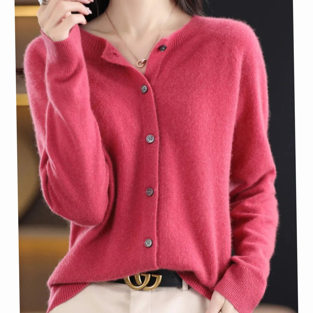 Women's Oversized Knit Cardigan Round Neck Merino Wool Button-Up