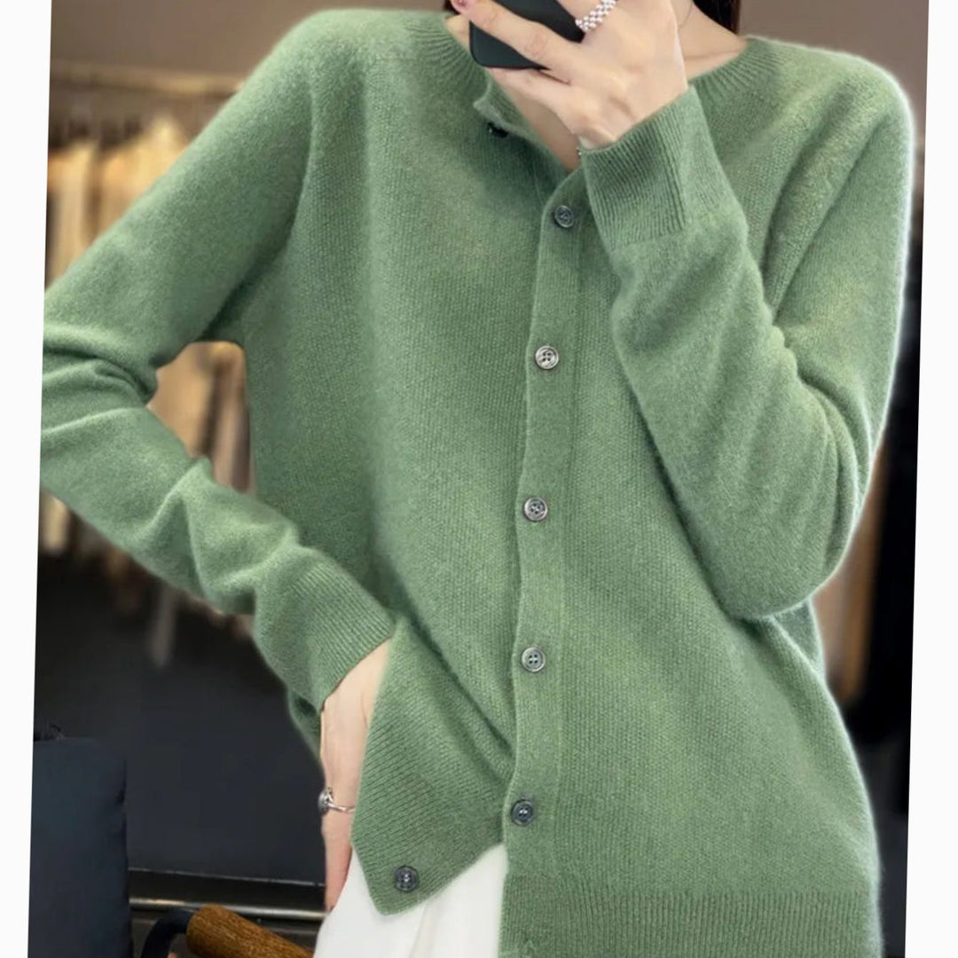 Women's Oversized Knit Cardigan Round Neck Merino Wool Button-Up