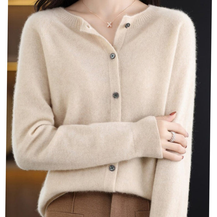 Women's Oversized Knit Cardigan Round Neck Merino Wool Button-Up