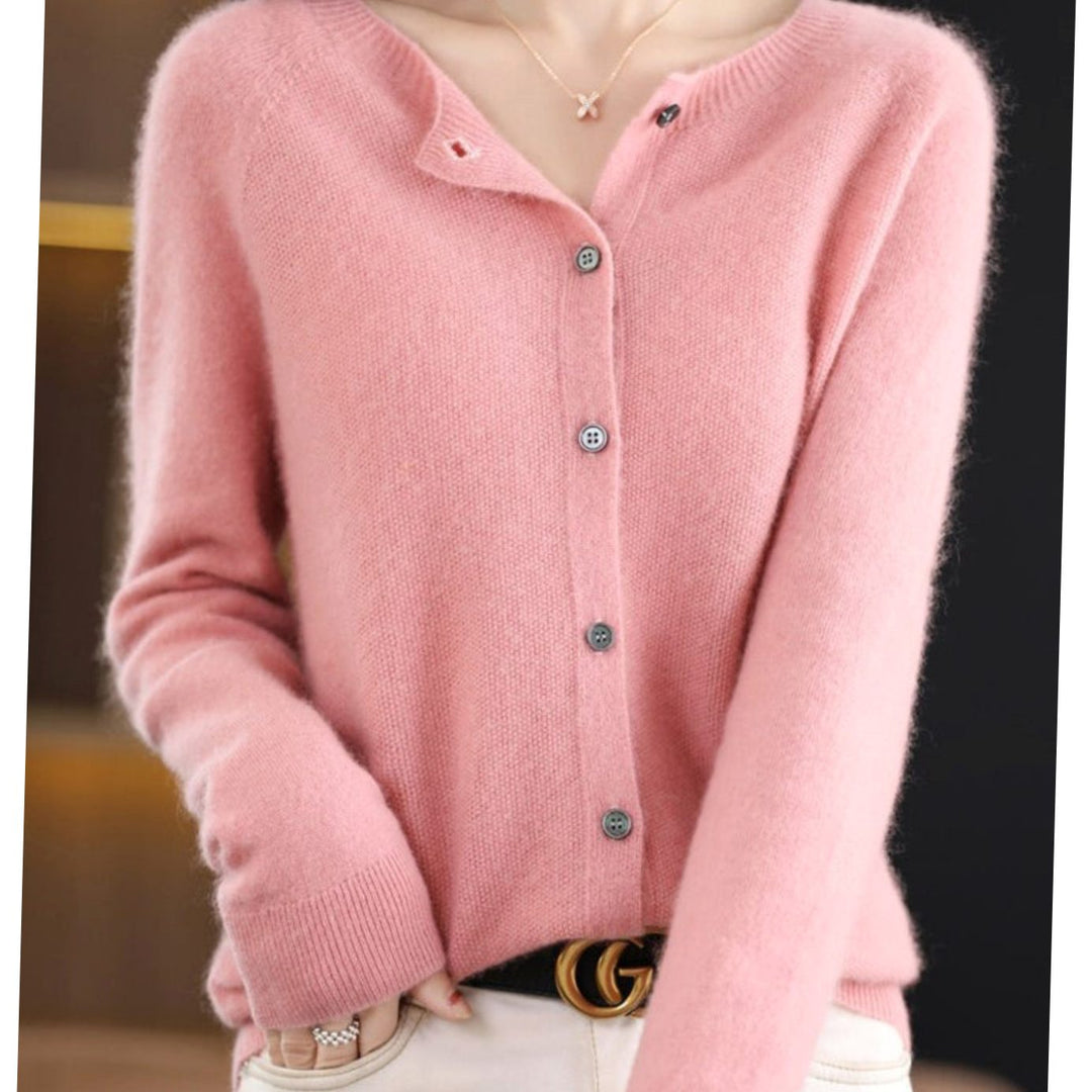 Women's Oversized Knit Cardigan Round Neck Merino Wool Button-Up
