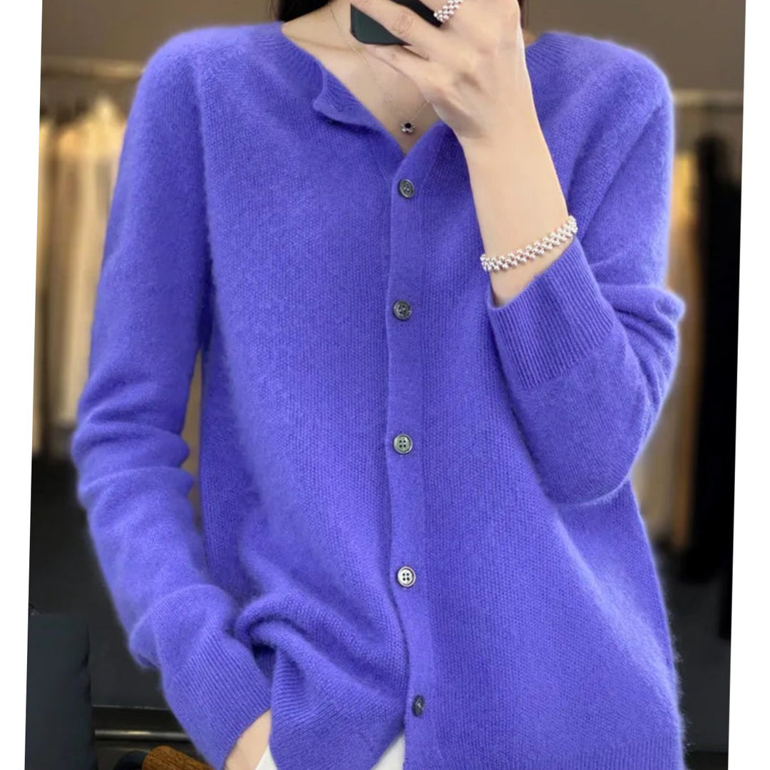 Women's Oversized Knit Cardigan Round Neck Merino Wool Button-Up