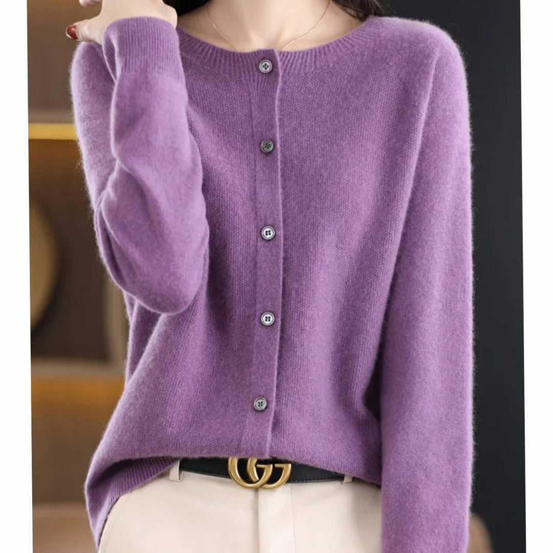 Women's Oversized Knit Cardigan Round Neck Merino Wool Button-Up