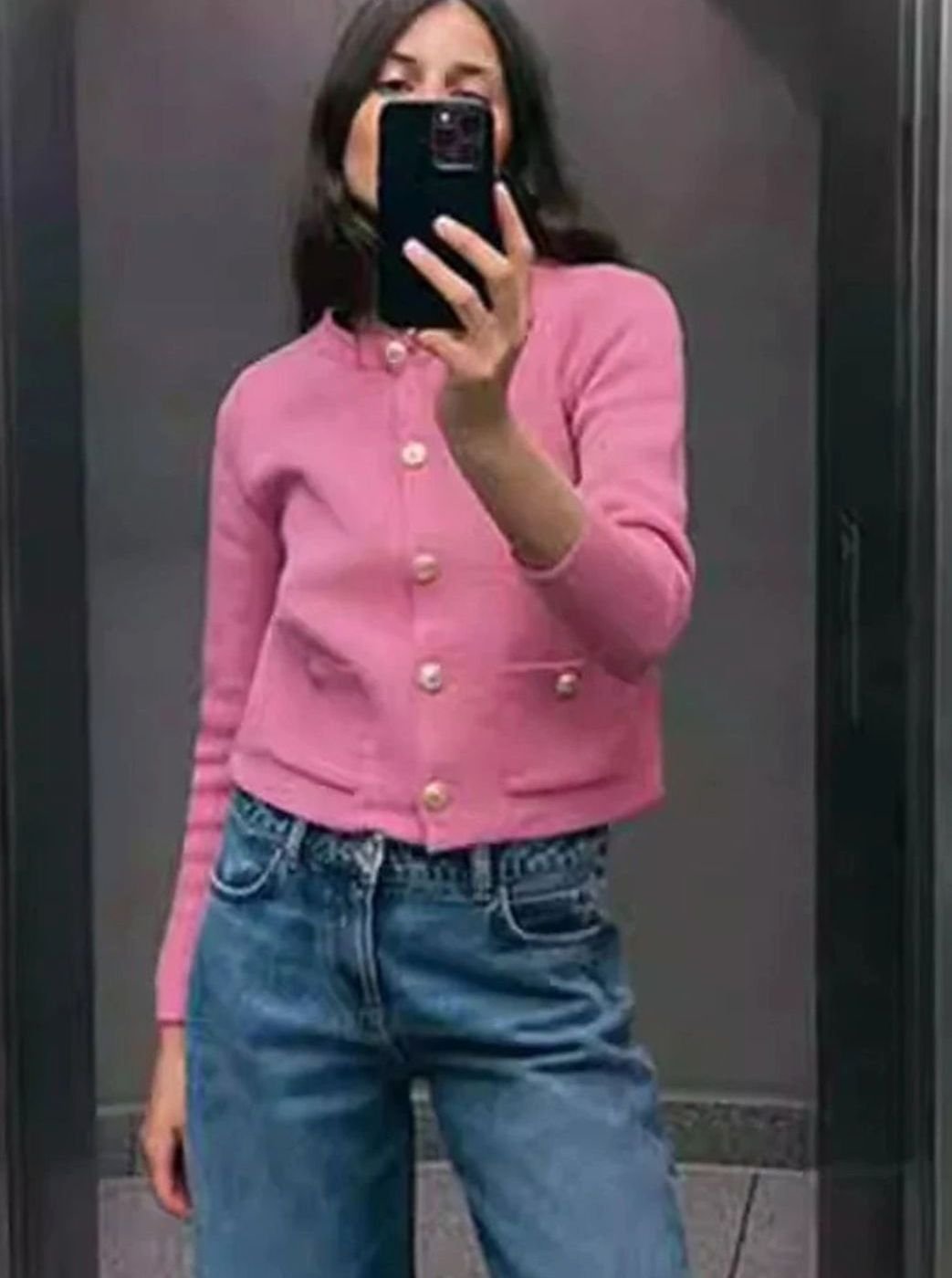 Women's Oversized Knit Cardigan Round Neck Pearl Button