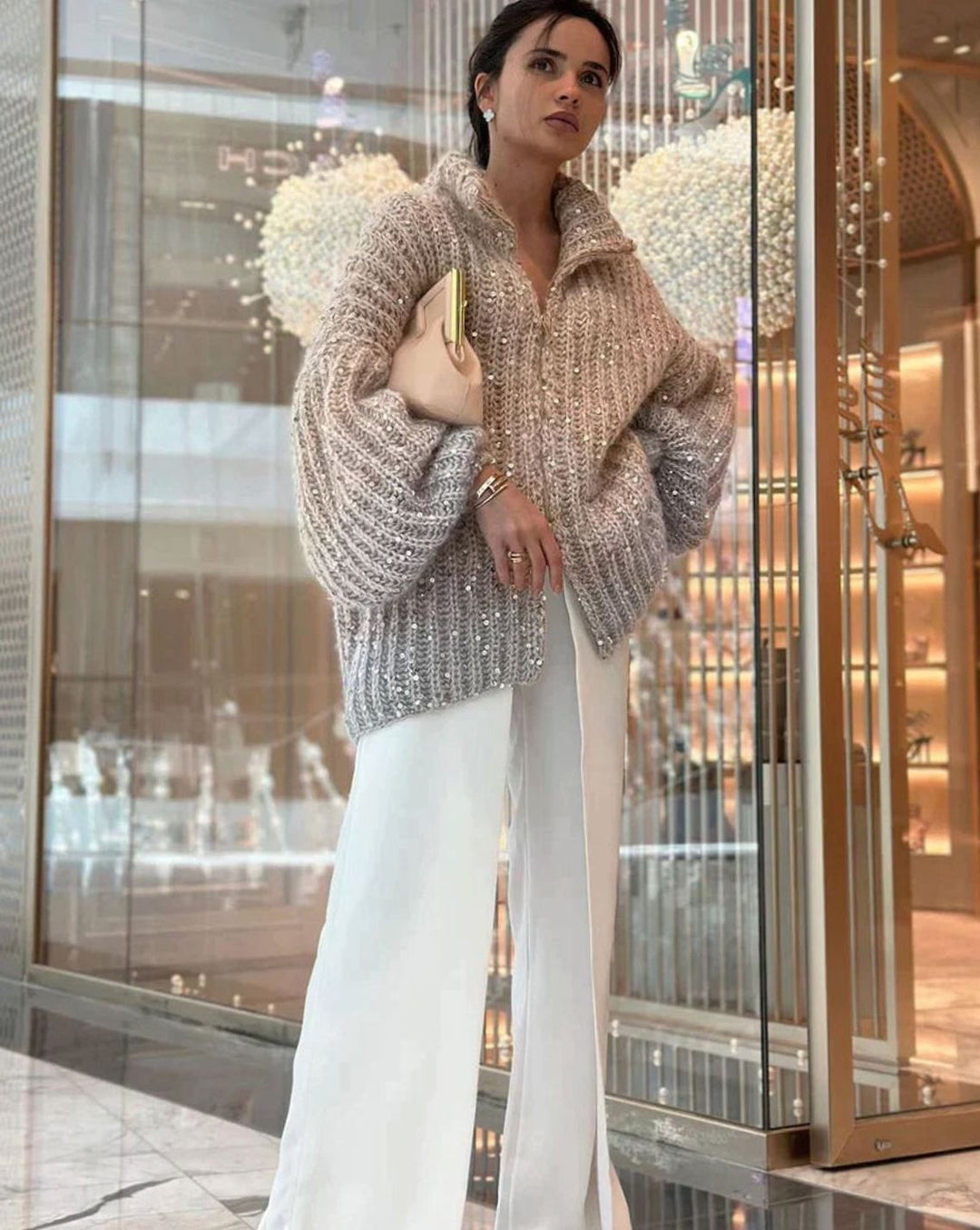 Women's Oversized Knit Cardigan Sequin Embellished Chunky Jumper