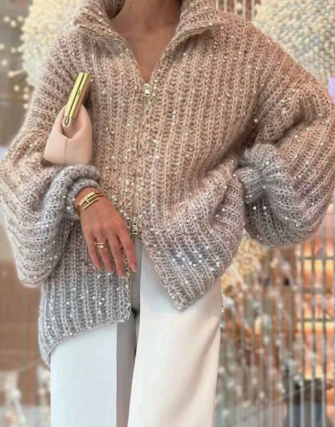 Women's Oversized Knit Cardigan Sequin Embellished Chunky Jumper