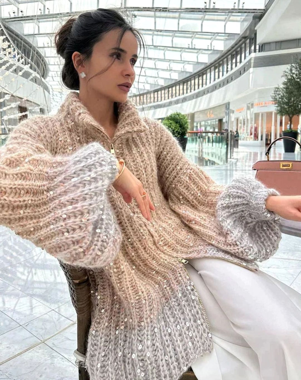 Women's Oversized Knit Cardigan Sequin Embellished Chunky Jumper