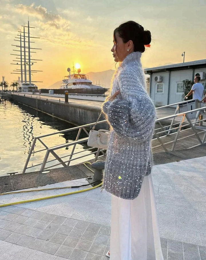 Women's Oversized Knit Cardigan Sequin Embellished Chunky Jumper