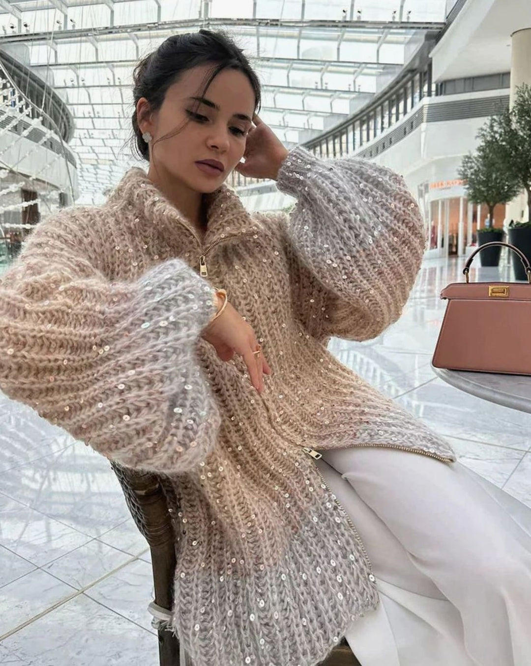 Women's Oversized Knit Cardigan Sequin Embellished Chunky Jumper