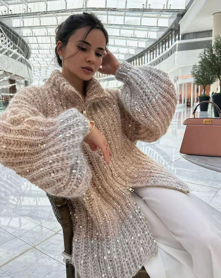 Women's Oversized Knit Cardigan Sequin Embellished Chunky Jumper