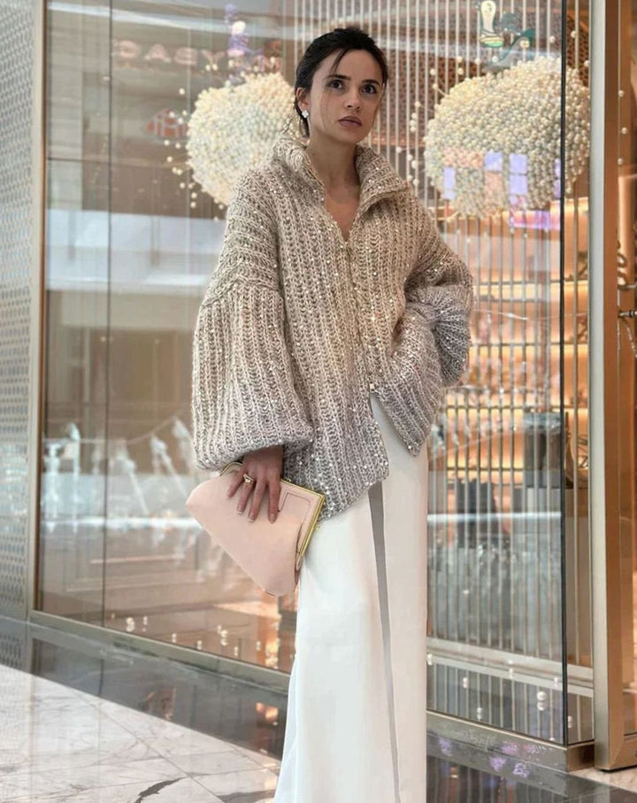 Women's Oversized Knit Cardigan Sequin Embellished Chunky Jumper