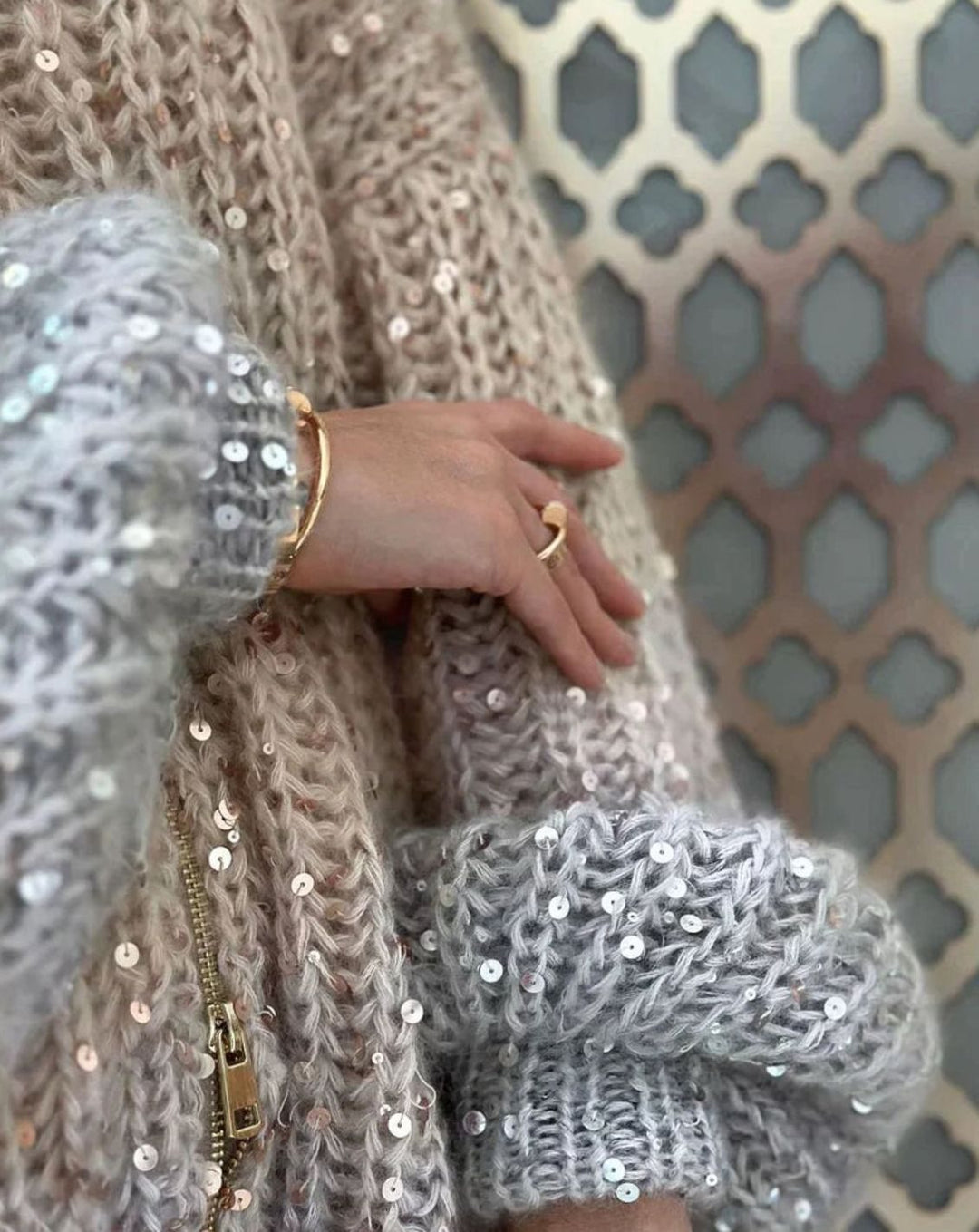 Women's Oversized Knit Cardigan Sequin Embellished Chunky Jumper