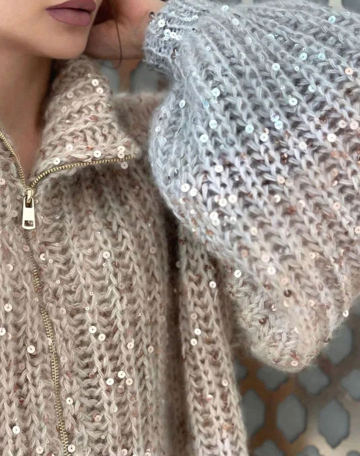 Women's Oversized Knit Cardigan Sequin Embellished Chunky Jumper